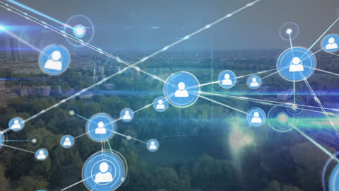 Connected Icons Over Cityscape Representing Digital Networking