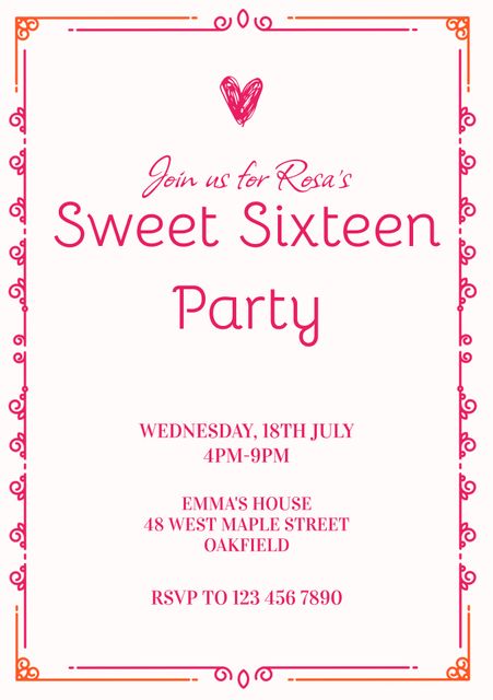 This vibrant invitation features an elegant pink script and a delicate heart, perfect for celebrating a Sweet Sixteen party. Ideal for festive communication, this design can be used for physical invitations or digital invites, incorporating a youthful yet stylish theme suitable for any girl's milestone 16th birthday celebration.