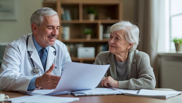 Senior woman receiving compassionate medical consultation with doctor reviewing documents