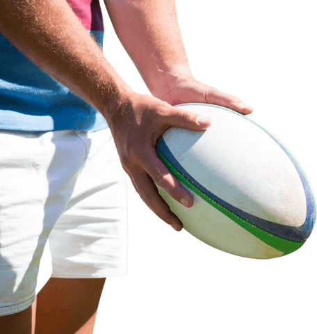 Rugby player hands holding ball transparent background