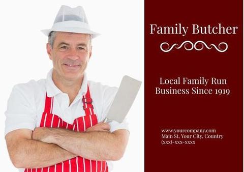 A cheerful butcher in red apron holds a tool, radiating trust and professionalism. Suitable for advertisements aimed at emphasizing long-standing family businesses, promoting local services, or culinary and artisanal workshops. Perfect for community-driven events, cooking classes, or brochures highlighting tradition and quality service.