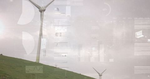 Wind Turbine on Hillside with Digital Data Overlays