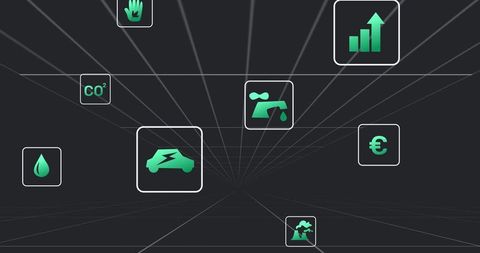 Abstract grid with eco and data processing icons on black background
