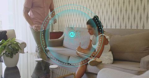 Woman writing in notebook on sofa with futuristic ai hud overlay in bright living room