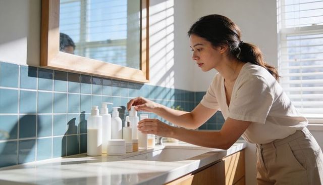 Sunlit woman arranging skincare bottles on tiled bathroom vanity, morning self-care routine