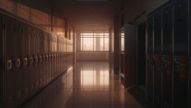 Empty school hallway lit by sunset light, row of lockers with windows