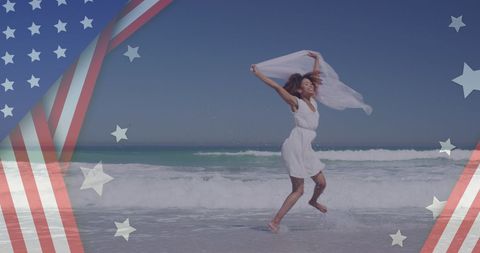 Woman Celebrating Freedom on a Beach with American Flag Overlay
