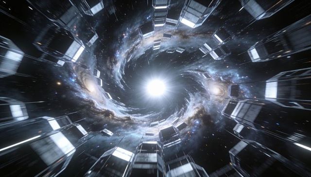 Metallic vortex pulling reflective modules toward luminous galactic core