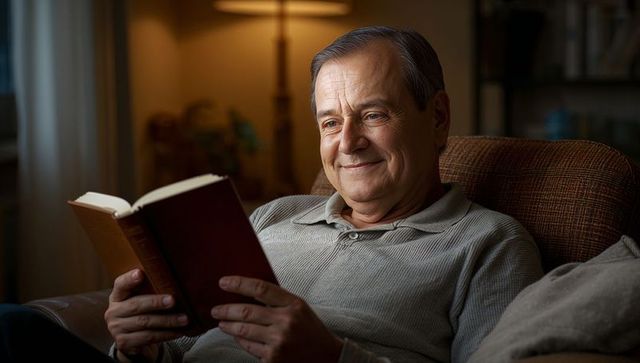 Senior man reading hardcover book in cozy living room with warm lamp glow and gentle smile