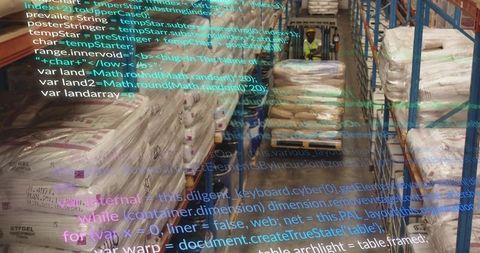 Warehouse worker driving electric pallet truck through racked inventory with data overlay