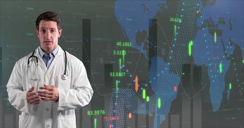 Doctor discussing global health data with digital statistics