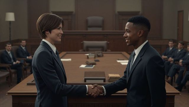 Two Lawyers Shaking Hands at Counsel Table in Courtroom After Reaching Agreement