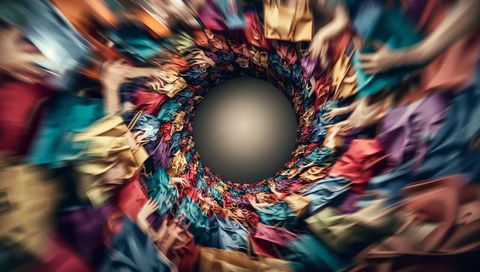 Colorful textile vortex swirling around dark void with blurred hands and radial motion