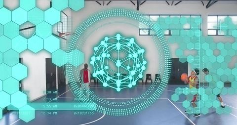 Projecting teal holographic network over basketball court while players practicing drills