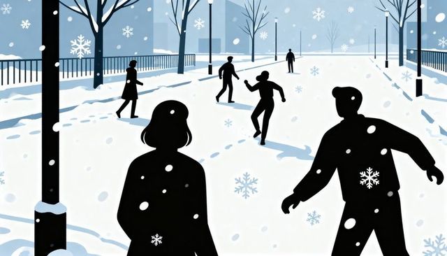 Silhouetted pedestrians walking on snowy urban promenade under lit street lamps