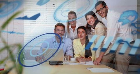 Diverse team collaborating around laptop with holographic data overlay for business strategy