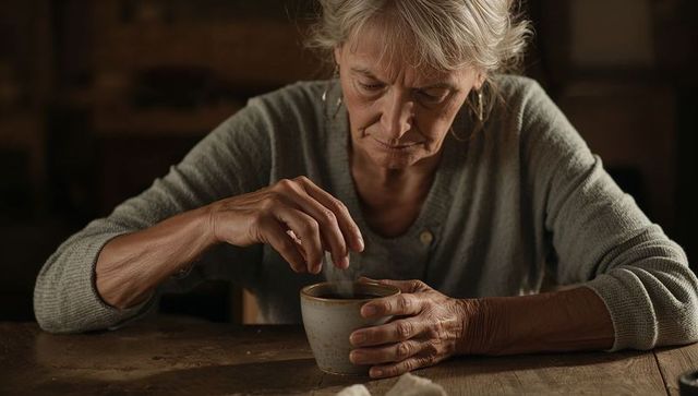 Senior woman stirring coffee in speckled mug at rustic wooden table, cozy contemplative