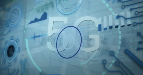 Illustration shows futuristic network concept centered around 5G technology. Elements suggest global connectivity enabled by advanced digital interfaces. Designed through combination of modern graphics and digital icons highlighting functionality and progress of 5G networks. Useful for topics related to internet communication, digital connectivity advances, and IoT applications exploration.
