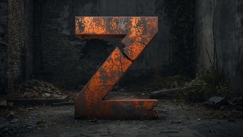 Rusted metal letter z in abandoned urban setting