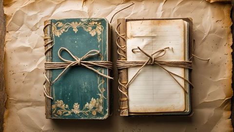 Vintage notebooks tied with twine on antique parchment