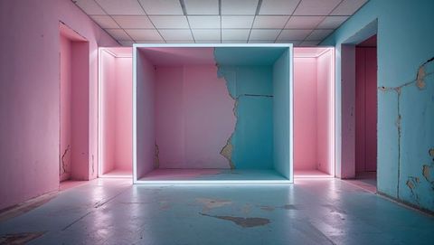 Minimalist led frame installation in industrial gallery