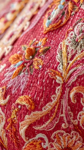 Vertical macro panning of hand embroidery on red fabric revealing beads and textured threads