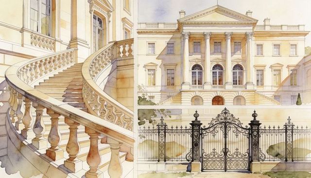 Neoclassical mansion featuring curved staircase and ornate iron gate illustration