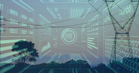 Futuristic Digital Interface Overlay on Scenic Rural Landscape