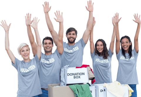 Happy diverse volunteers celebrating donation success transparent background