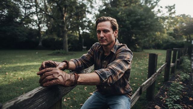 Contemplative man in plaid shirt resting on split-rail fence in rural yard