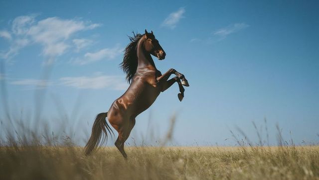 Majestic brown horse rearing in wide grassy field