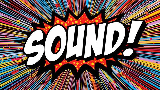 Explosive SOUND! pop-art comic burst with neon streaks, dotted starburst, confetti