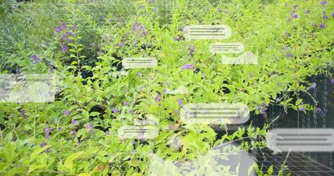Nursery Plants Blending Violet Blooms with Chat Overlays for Green Tech Concept