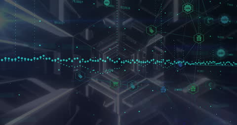 Futuristic Data Networking with Digital Icons Overlay