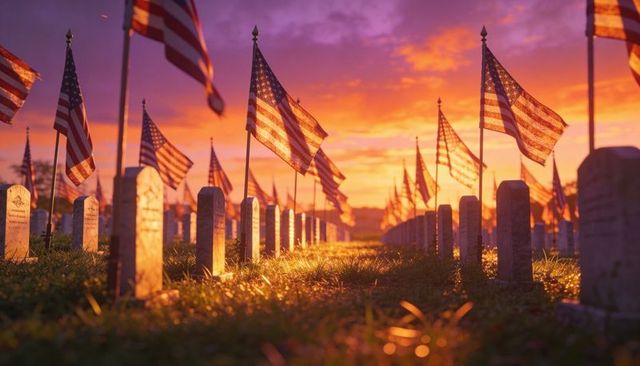 Flag-lined military cemetery at sunset emphasizing remembrance and honor