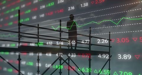 Architect on Scaffolding with Global Financial Data Overlay - Download Free Stock Images Pikwizard.com