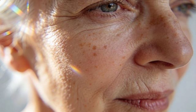 Closeup portrait senior woman showing freckles, wrinkles, skin texture with lens flare