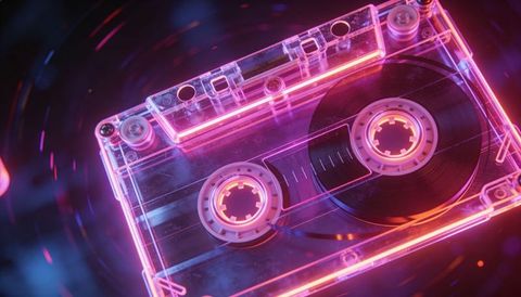 Transparent Cassette Tape with Spinning Reels Neon Pink Blue Vaporwave Retro Music Tech