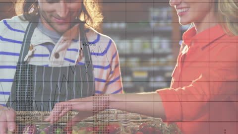 Smiling Grocery Interaction with Rising Financial Charts