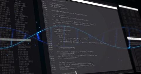 Displaying JavaScript Code on Monitor with Blue DNA Helix Overlay in Neon Tech Workspace