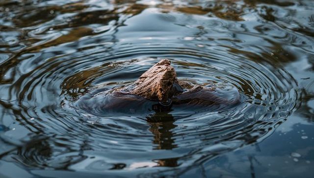 Weathered driftwood stump rising from calm pond with concentric ripples and reflections