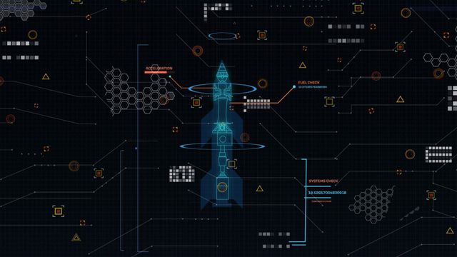 Depicts a high-tech digital interface showcasing a holographic rocket and various security and technology elements. Ideal for use in themes related to data security, space exploration, engineering, and futuristic innovation. Can illustrate concepts in promotional materials, educational videos, presentations, or sci-fi narratives.