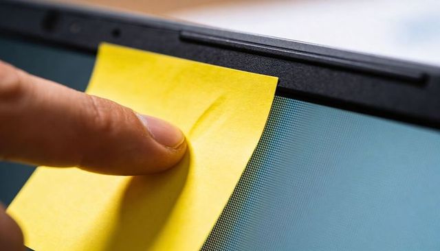Pressing fingertip applying yellow sticky note to laptop monitor bezel close-up
