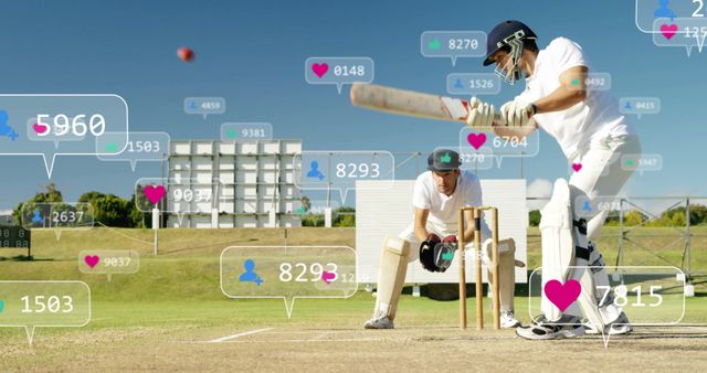 Cricketers on Field with Social Media Metrics Overlaying Digital Annotations - Download Free Stock Images Pikwizard.com