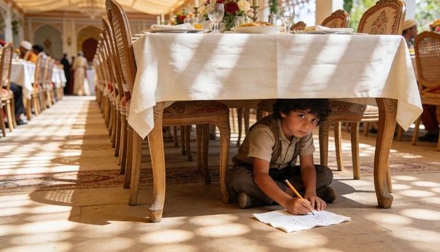 Curious boy drawing under banquet table during elegant outdoor wedding reception