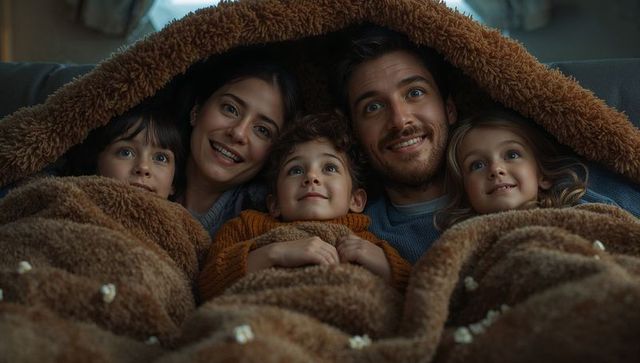 Happy family enjoying cozy movie night at home