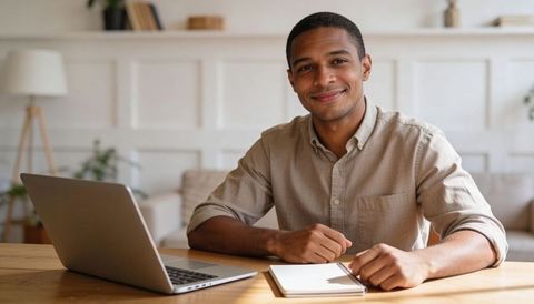 Smiling young man working from home with laptop and notebook at sunlit wooden desk