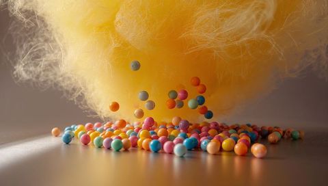 Floating yellow spun sugar tossing colorful candy pearls over glossy reflective surface