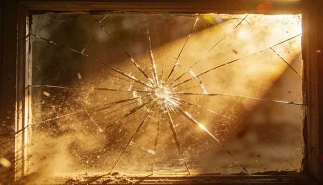 Sunlit shattered window with radial cracks and dust motes in weathered wooden frame
