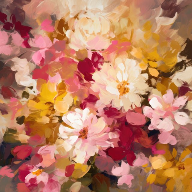 Abstract impressionist floral painting showcasing a vibrant array of blossoms in pink, red, yellow, and white. Perfect for wall art, backgrounds, greeting cards or artistic decor.